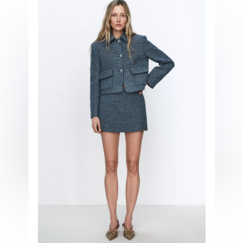 NWT Zara Co-Ord Set Boucle Tweed Blue Jacket and Skort